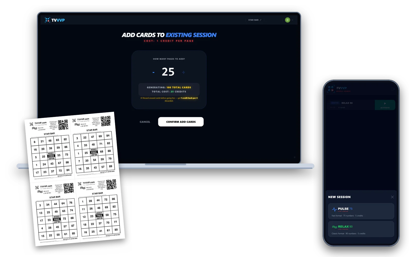 A laptop with the TVVVP dashboard adding 100 cards, a printed sheet of four cards and a phone choosing Pulse 75 or Relax 90