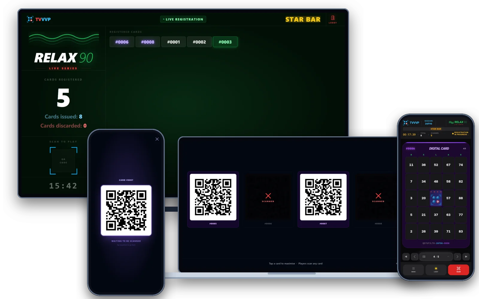 A TV showing the live registration with five cards, the host's laptop and phone showing QR codes, and a guest's phone with a digital card